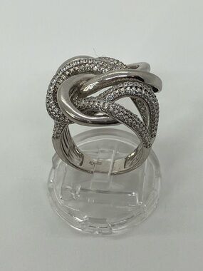 Vtg 925 Sterling Silver EJ CZ Pave Intertwined Vine Statement Ring